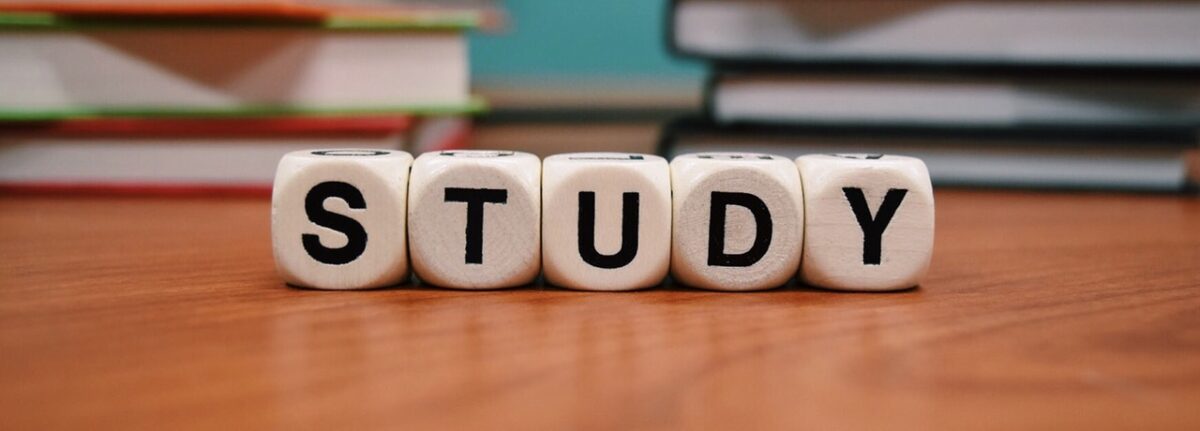 5 Dice spelling out the word "study"